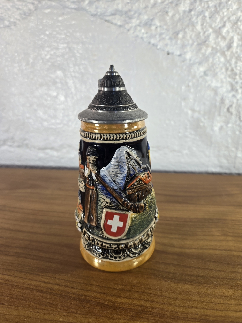 King Limited Edition German Beer Stein, Pewter Lid, 6" tall, Switzerland front